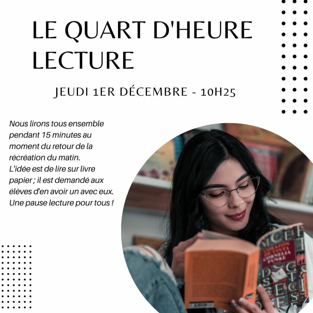 Quart d&rsquo;heure lecture jeudi 1er décembre à 10h25