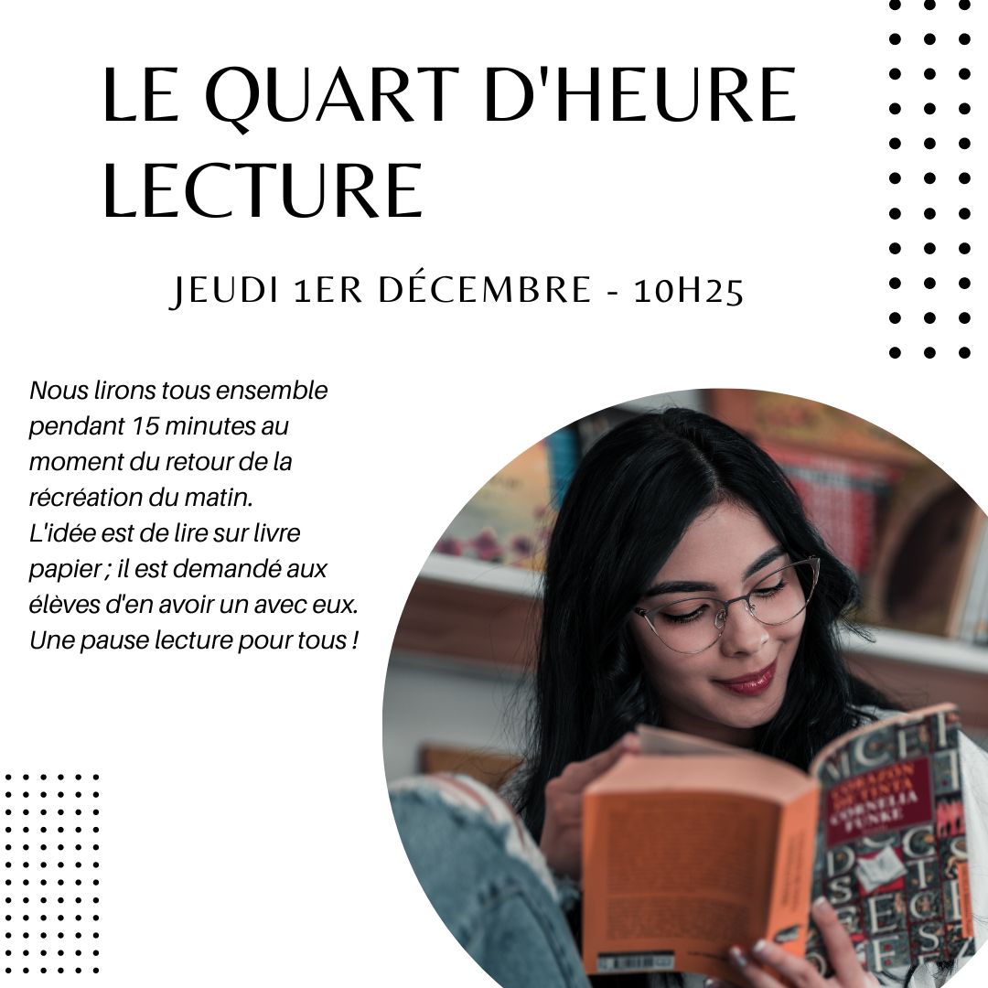 Quart d&rsquo;heure lecture jeudi 1er décembre à 10h25